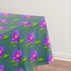 Violet Lotus Flowers & Lily Pads on Sapphire Green Tablecloth
