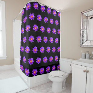 Violet Lotus Flowers on Black Shower Curtain