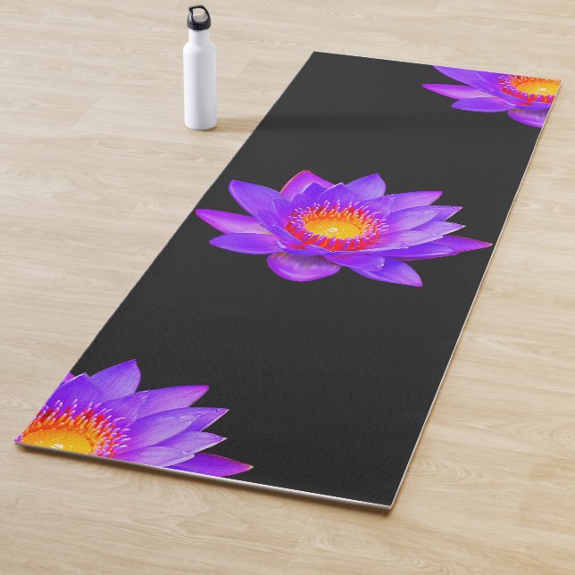 Violet Lotus Flowers on Black Yoga Mat (In Situ)