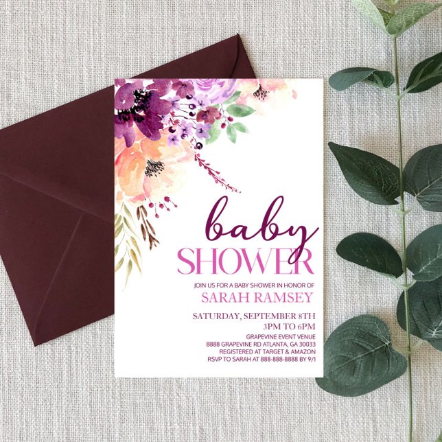 Violet Magenta Fall Floral Flowers Baby Shower Invitation (Creator Uploaded)