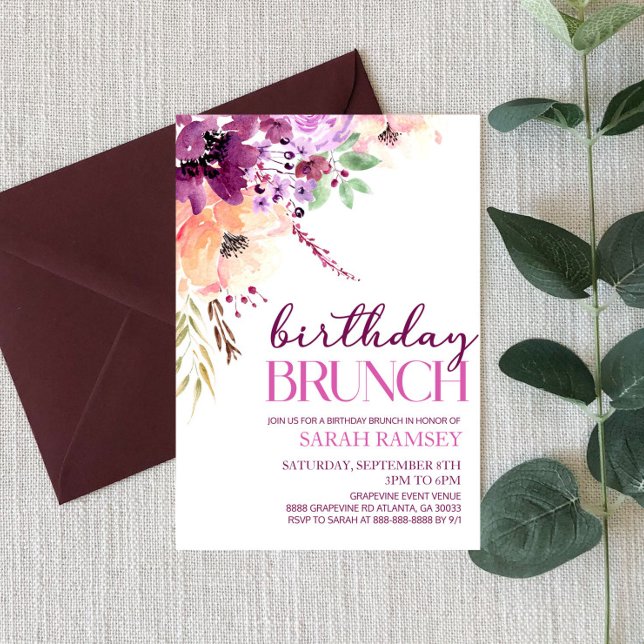 Violet Magenta Purple Floral Birthday Brunch Invitation (Creator Uploaded)
