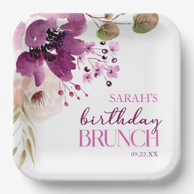 Violet Magenta Purple Floral Birthday Brunch Paper Plate (Front)