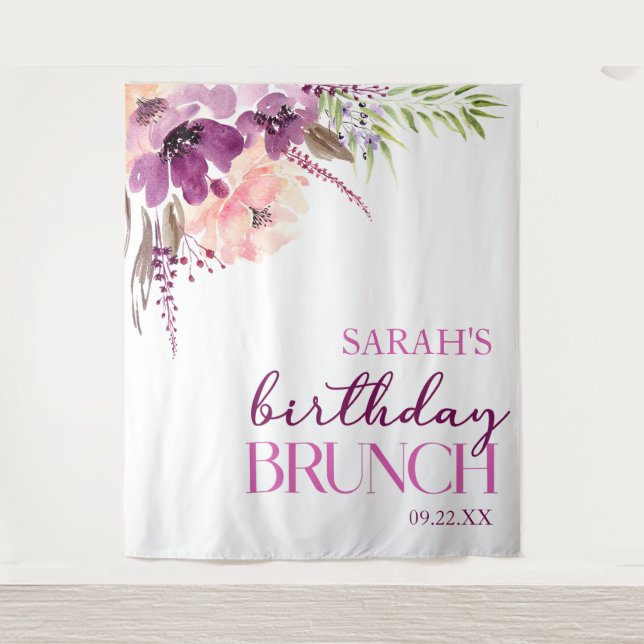 Violet Magenta Purple Floral Birthday Brunch Tapestry (Front)