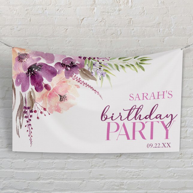 Violet Magenta Purple Floral Birthday Party Banner (Creator Uploaded)