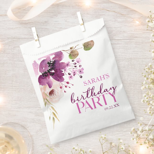 Violet Magenta Purple Floral Birthday Party Favour Bags (Clipped)