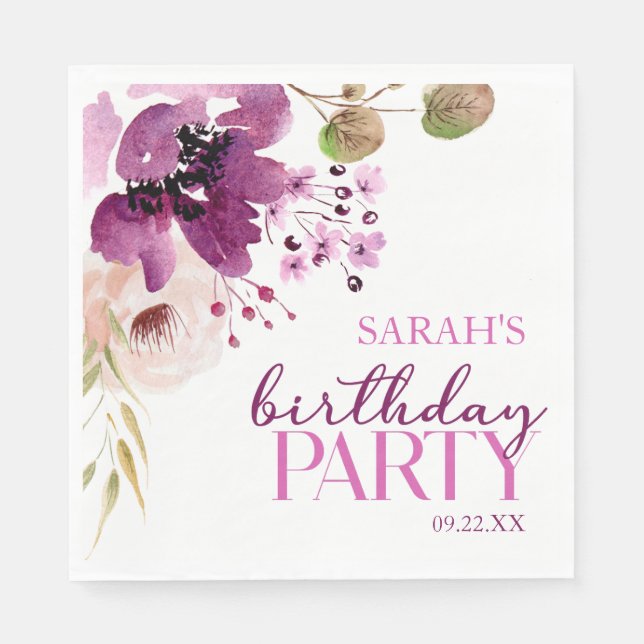 Violet Magenta Purple Floral Birthday Party Napkin (Front)