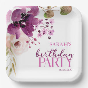 Violet Magenta Purple Floral Birthday Party Paper Plate