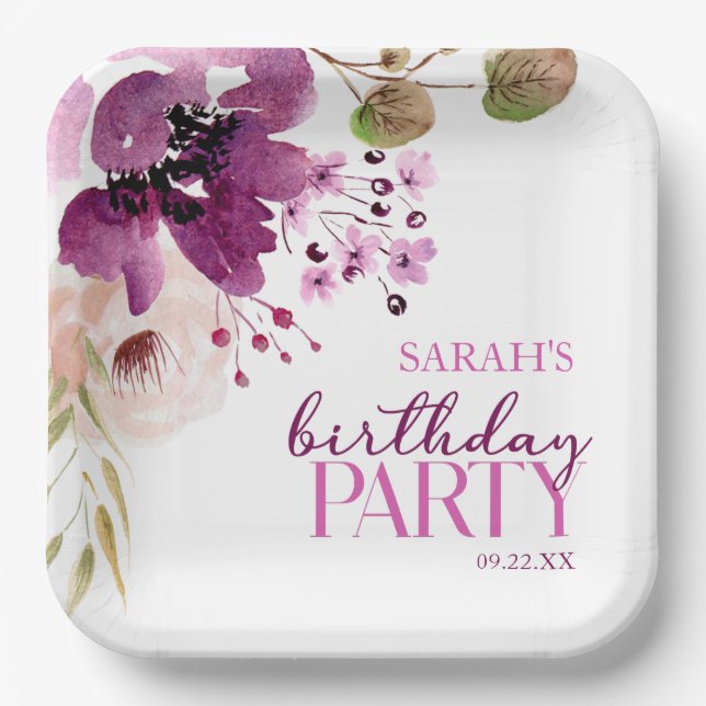 Violet Magenta Purple Floral Birthday Party Paper Plate (Front)