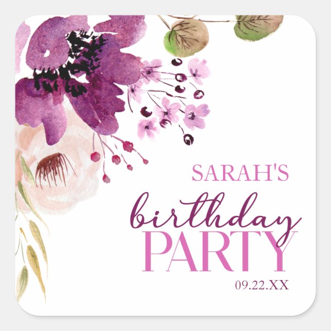 Violet Magenta Purple Floral Birthday Party Square Sticker (Front)