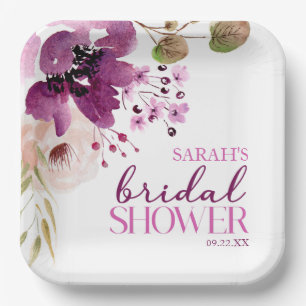 Violet Magenta Purple Floral Bridal Shower Paper Plate