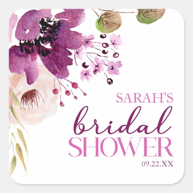 Violet Magenta Purple Floral Bridal Shower Square Sticker (Front)