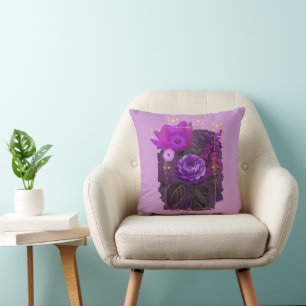 Violet Magical Floral Bouquet in Golden Frame Cushion