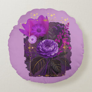 Violet Magical Floral Bouquet in Golden Frame Round Cushion
