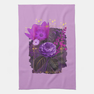 Violet Magical Floral Bouquet in Golden Frame Tea Towel