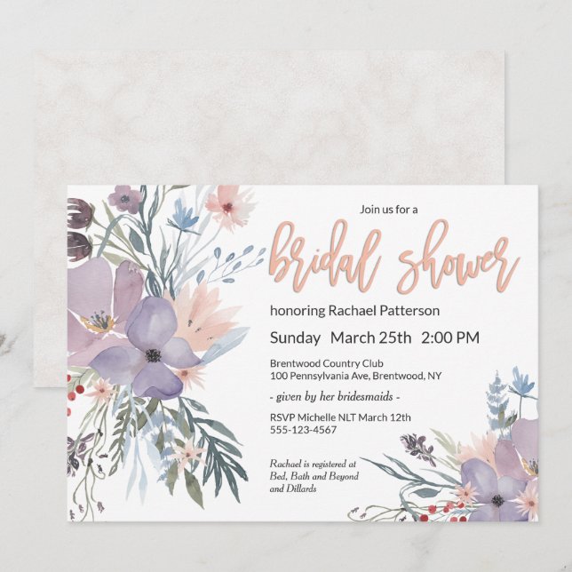 Violet Meadow Watercolor Floral Bridal Shower Invitation (Front/Back)