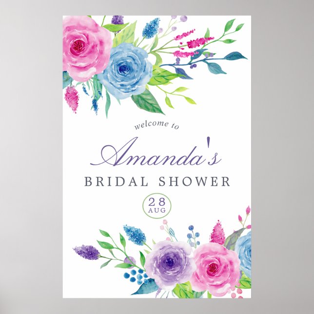 Violet Mix Watercolor Floral Bridal Shower Welcome Poster (Front)