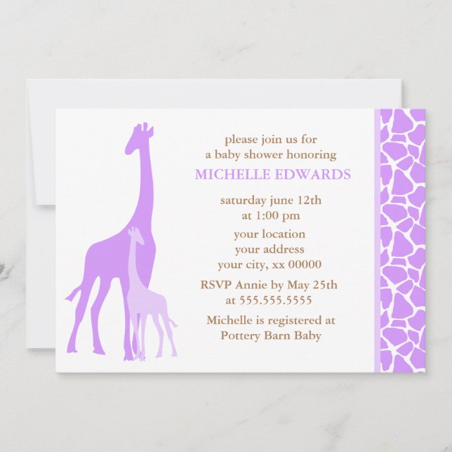 Violet Mum and Baby Giraffe Baby Shower Invitation (Front)