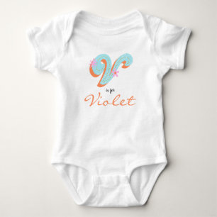 Violet name Reveal Floral Letter V Girl Flower Baby Bodysuit