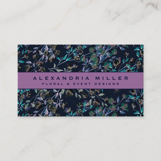 Violet & Navy Blue Elegant Dainty Floral Pattern Business Card (Front)