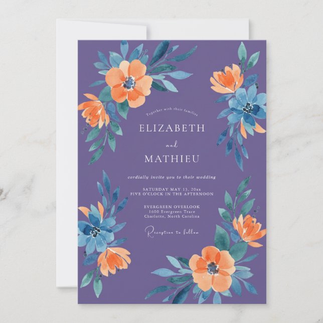 Violet Orange Botanical Watercolor Wedding Invitation (Front)