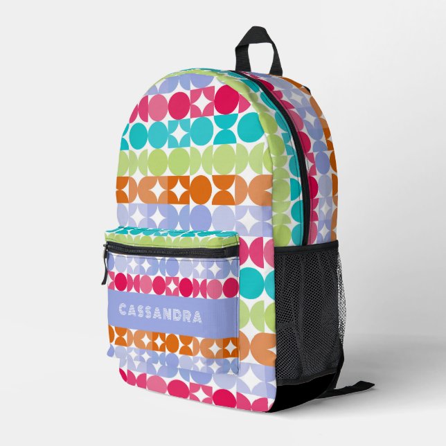 Violet Orange Pink Aqua Midcentury Circles Pattern Printed Backpack (Back Corner Right)