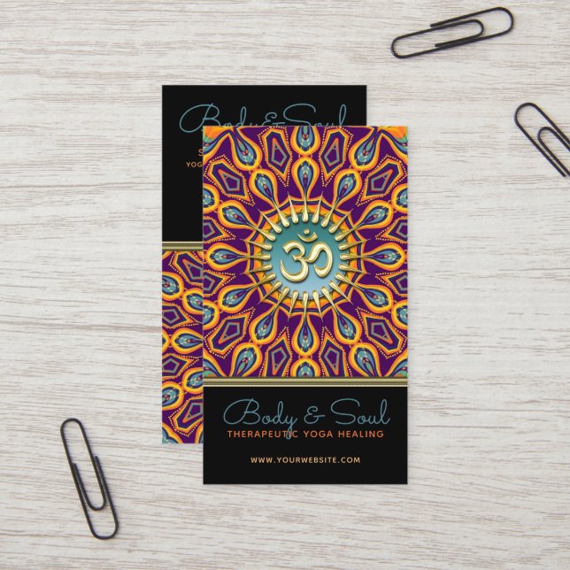 Violet Orange Teal Mandala Energy Yoga Om New Age Business Card (Front/Back In Situ)
