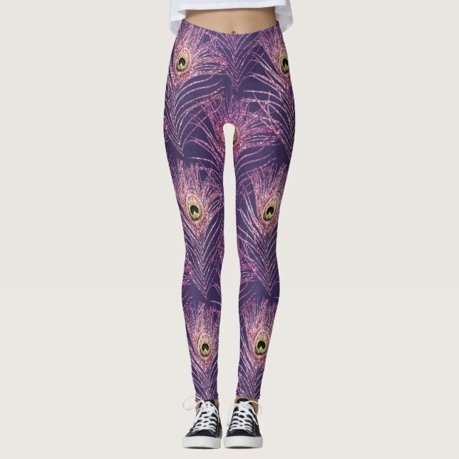 Violet peacock feather pattern from bird peacock leggings (Front)