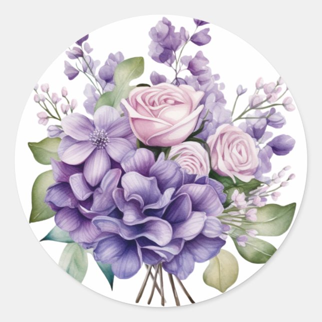 Violet Peony And Roses Wedding Classic Round Sticker (Front)