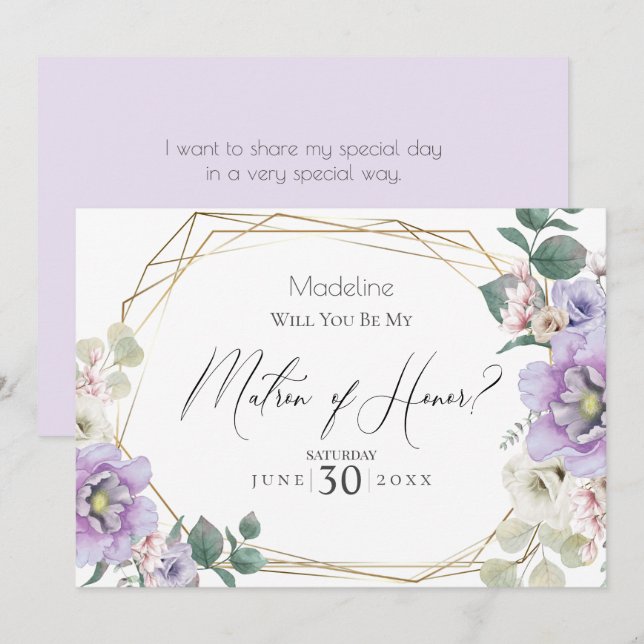 Violet Peony Flower Will You Be My Matron of Honou Invitation (Front/Back)
