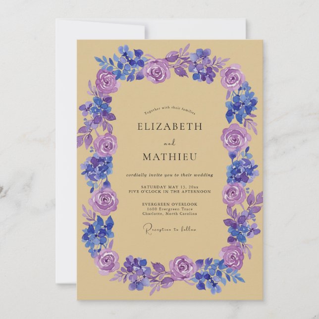 Violet Periwinkle Wreath Wedding Invitation (Front)