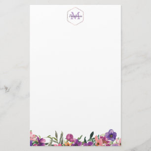 Violet Pink and Blue Floral Border Monogram Stationery