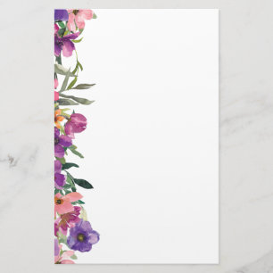 Violet Pink and Blue Floral Garden Border Stationery