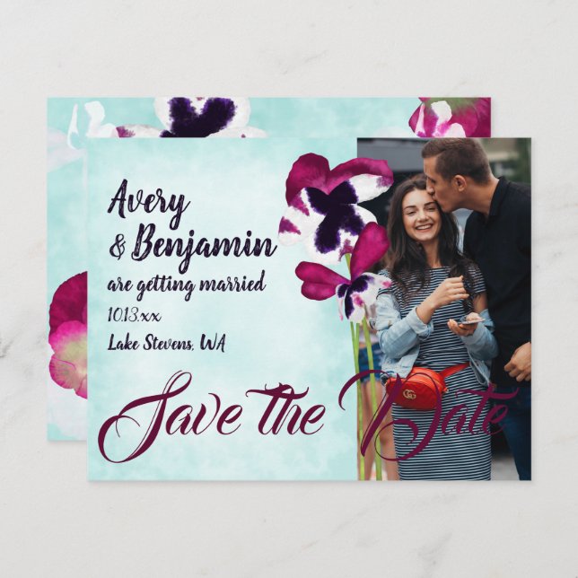Violet Pink Aqua Turquoise Pansies Save the Date Advice Card (Front/Back)