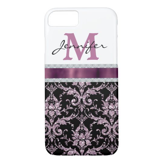 Violet Pink Damask Faux Diamond Monogram iPhone 7 Case