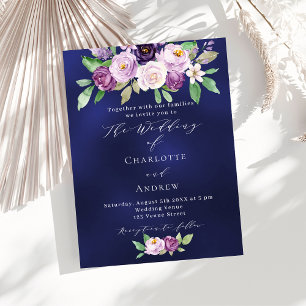 Violet pink floral blue budget wedding invitation