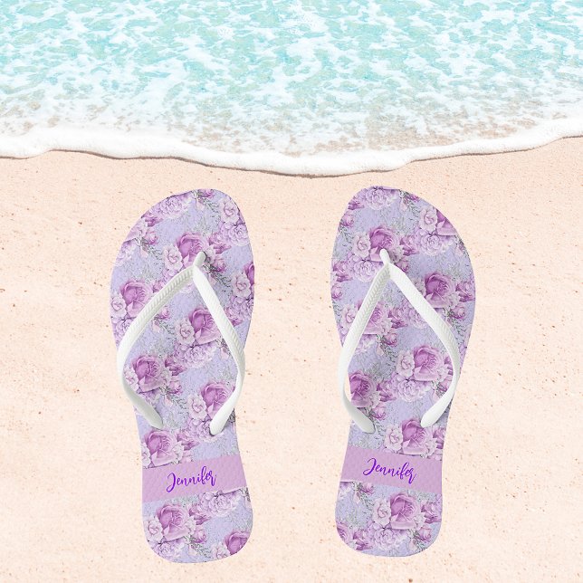 Violet pink flowers roses name script flip flops (Creator Uploaded)