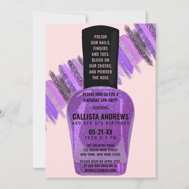 Violet Pink Glitter Nail Polish Spa Day Birthday Invitation (Front)