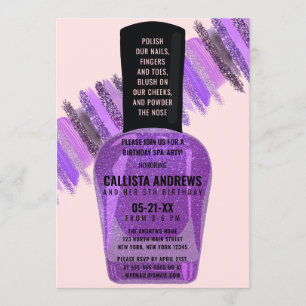 Violet Pink Glitter Nail Polish Spa Day Birthday Invitation