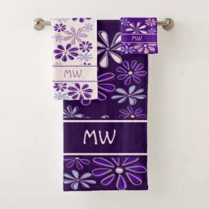 Violet Pink Indigo  Flower Doodle Monogrammed Bath Towel Set