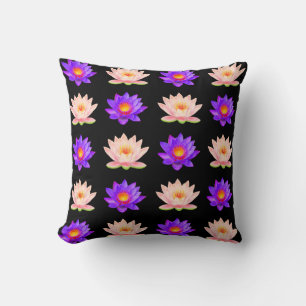 Violet & Pink Lotus Flowers on Black Cushion