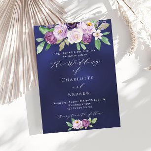 Violet pink purple floral navy blue wedding invitation