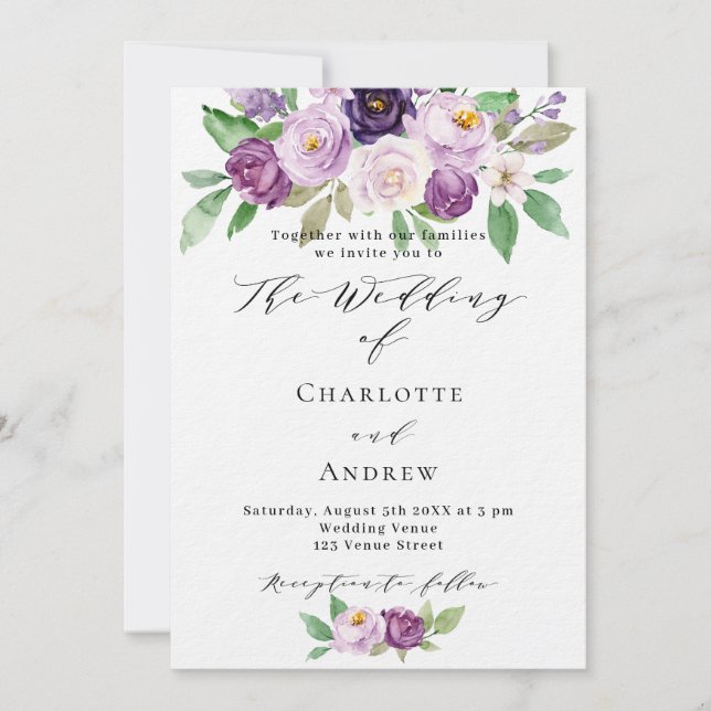 Violet pink purple florals luxury wedding invitation (Front)