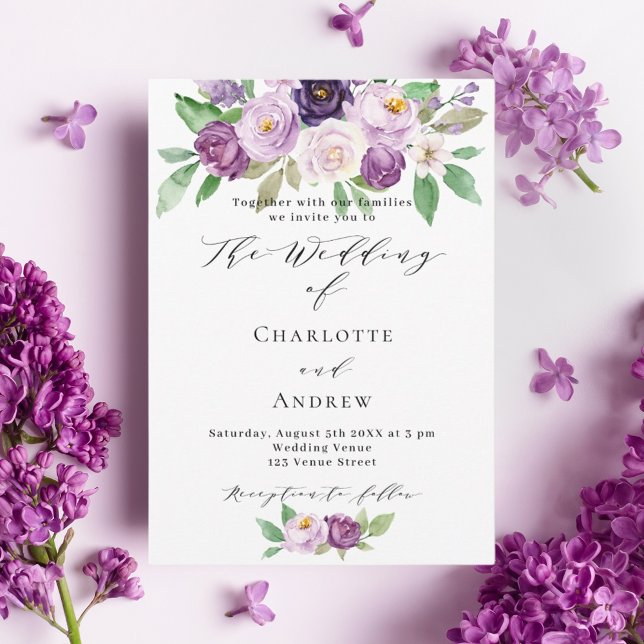 Violet pink purple florals watercolor wedding invitation (Creator Uploaded)