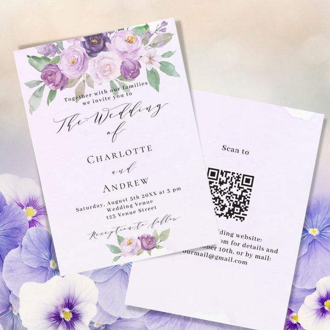 Violet pink purple flowers roses QR RSVP wedding Invitation (Creator Uploaded)