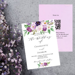 Violet pink purple flowers roses QR RSVP wedding Invitation