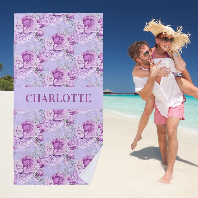 Violet pink roses flowers name beach towel (Creator Uploaded)