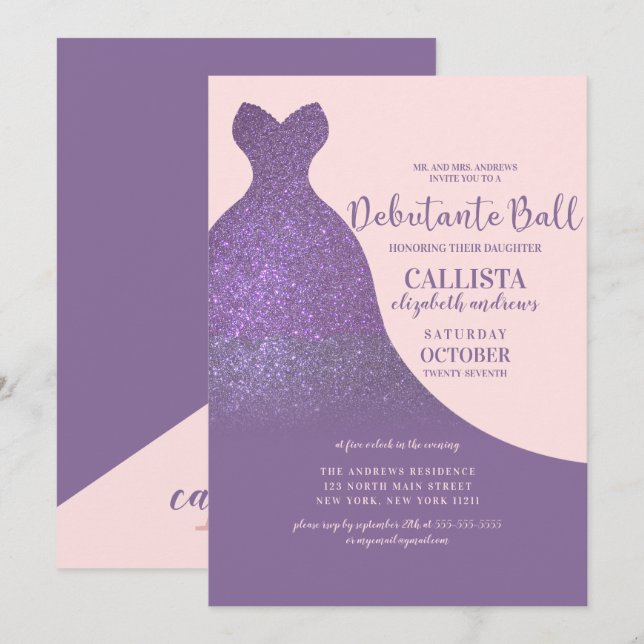 Violet Pink Sparkly Glitter Dress Debutante Dance Invitation (Front/Back)