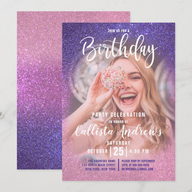 Violet Pink Triple Glitter Ombre Photo Birthday Invitation (Front/Back)