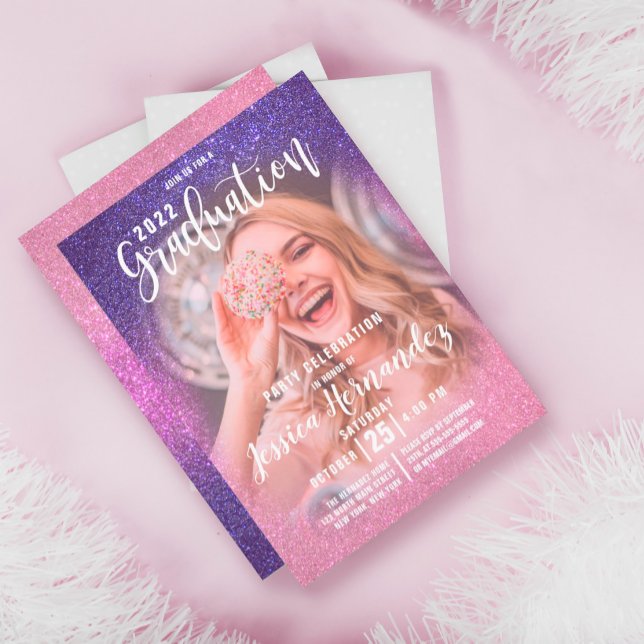 Violet Pink Triple Glitter Ombre Photo Graduation Invitation (Creator Uploaded)