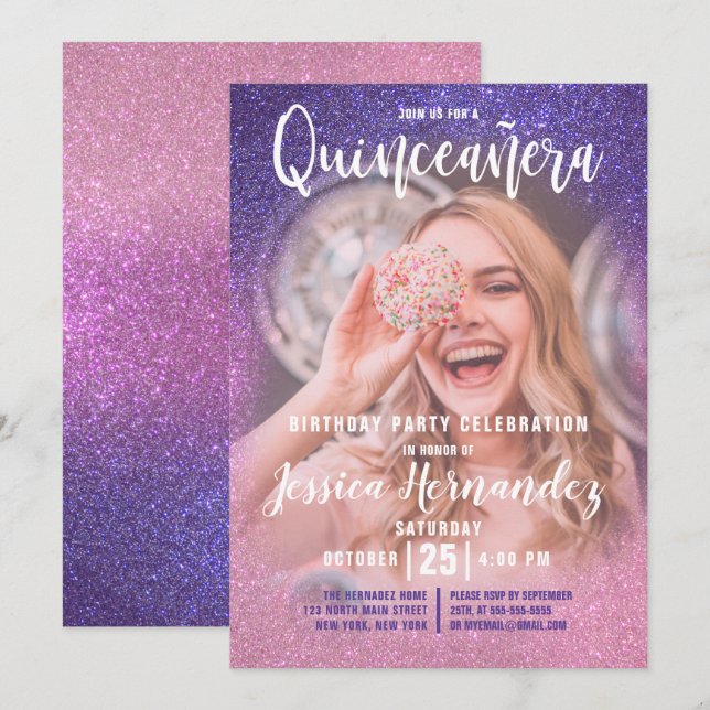 Violet Pink Triple Glitter Ombre Photo Quinceañera Invitation (Front/Back)